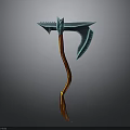 Fantasy Battle Axe With Spiked Blue Blade And Orange Curved Handle