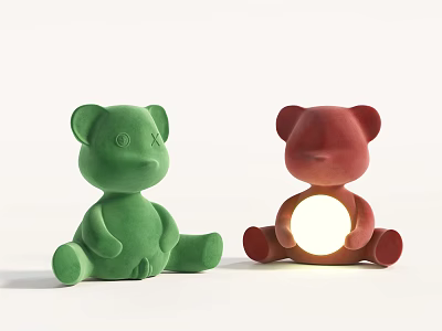 Green and Red Teddy Bear Shaped Lamps with Cute Illuminated Belly Design 3d model
