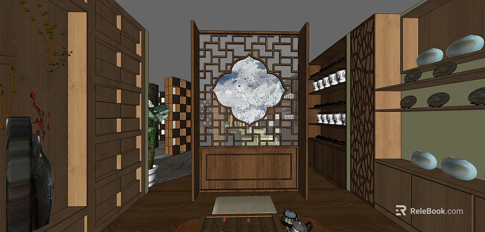 Chinese Traditional Interior Featuring Carved Wooden Screen And Display Shelves With Tea Set 3d model 