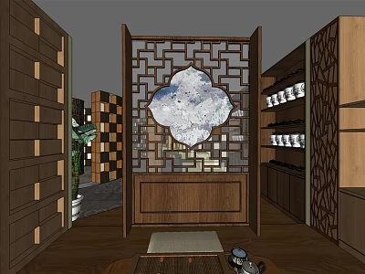 Chinese Traditional Interior Featuring Carved Wooden Screen And Display Shelves With Tea Set 3d model