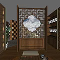 Chinese Traditional Interior Featuring Carved Wooden Screen And Display Shelves With Tea Set