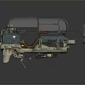 3D Rendered Vintage Industrial Mechanical Weapon With Metal Frame Blue Brown Components And Worn Details