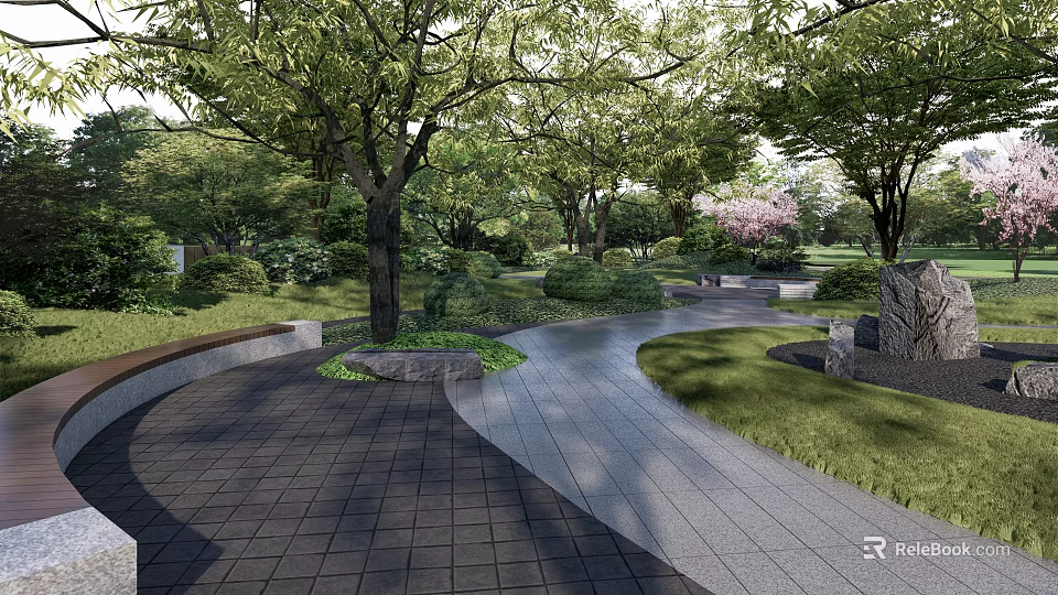 Park Landscape Featuring Winding Stone Pathways Lush Trees And Green Lawns 3d model 