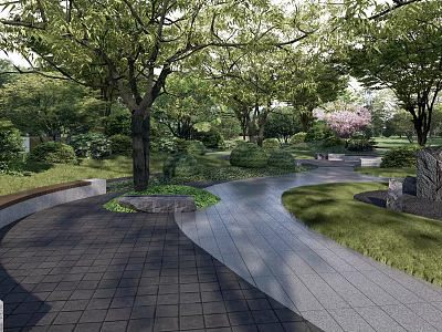 Park Landscape Featuring Winding Stone Pathways Lush Trees And Green Lawns 3d model