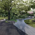 Park Landscape Featuring Winding Stone Pathways Lush Trees And Green Lawns