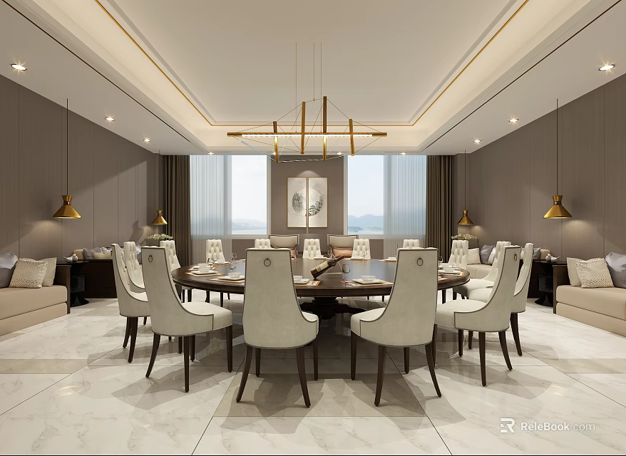 Elegant Private Dining Room Interior With Round Table White Chairs Gold Chandelier And Sofas 3d model