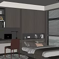 Modern Tatami Bedroom with Wooden Cabinetry Desk Laptop Window Blinds and Green Plant