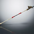 Ornate Decorative Spear With Long Shaft Red Accents And Metal Blade