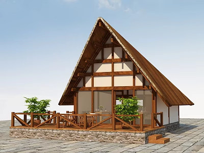 Wooden House Featuring Gabled Roof Wooden Frame White Walls And Wooden Deck With Green Plants 3d model