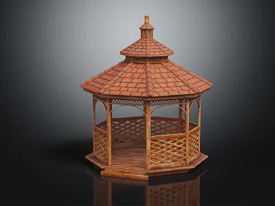 Outdoor Wooden Hexagonal Gazebo Structure With Tile Roof And Lattice Railings 3d model