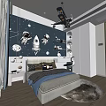 Kids Room Interior With Dark Blue Wall Astronaut Rocket Planet Decor Bed And Shelves