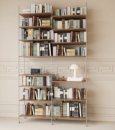 Modern Open Multi tiered Bookshelf Filled With Books Decorative Items And Table Lamp 3d model