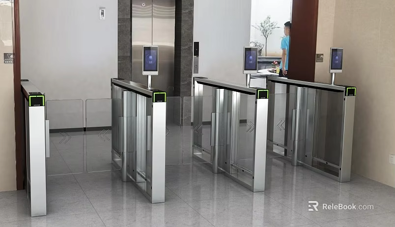 Modern Automatic Stainless Steel Turnstiles With Digital Screens In Lobby Area 3d model 