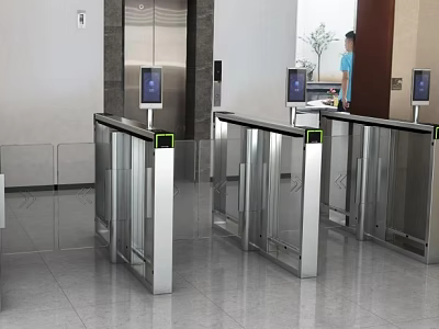 Modern Automatic Stainless Steel Turnstiles With Digital Screens In Lobby Area 3d model