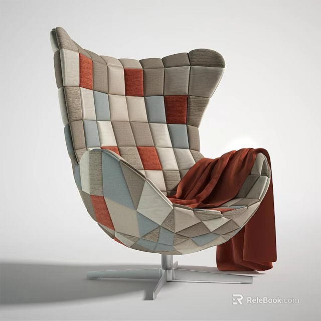 Geometric Patchwork Lounge Chair With Multicolored Fabric Metal Base And Throw Blanket 3d model 