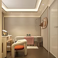 Elegant SPA Room Interior With Massage Table Stool Rug And Shelves Of Bottles