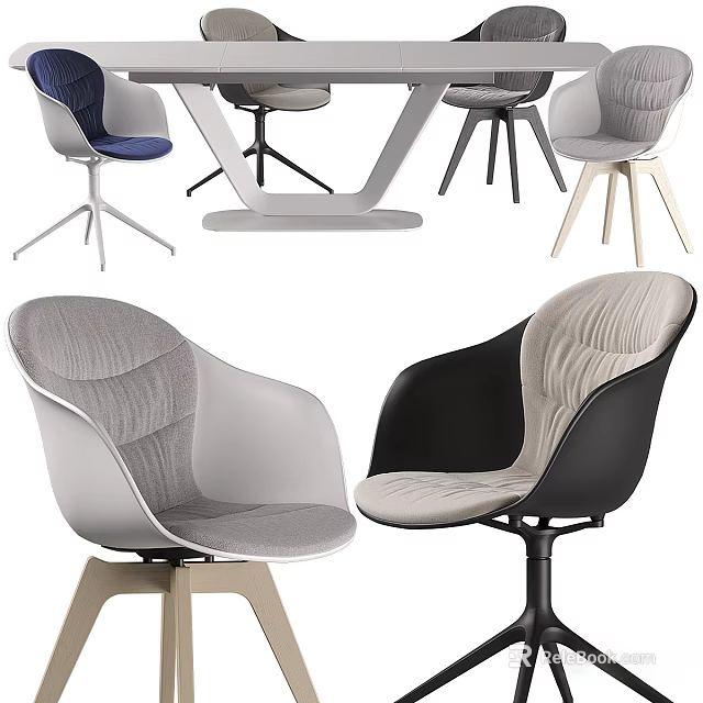 Modern Stylish Dining Table Set With Gray Black Blue Upholstered Chairs And Wooden Legs 3d model 
