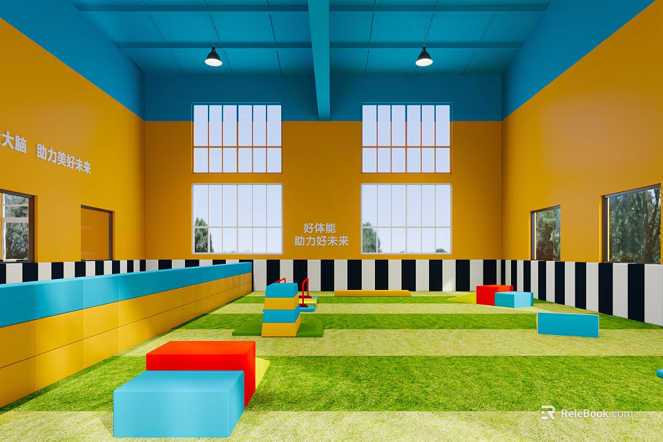 Vibrant Indoor Fitness Training Space With Colorful Blocks Green Turf And Large Windows 3d model 