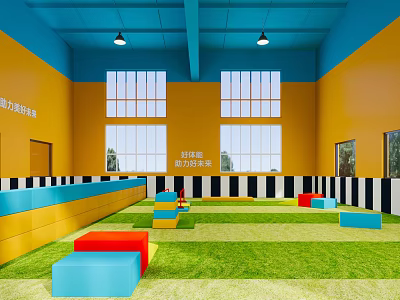 Vibrant Indoor Fitness Training Space With Colorful Blocks Green Turf And Large Windows 3d model