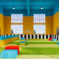 Vibrant Indoor Fitness Training Space With Colorful Blocks Green Turf And Large Windows