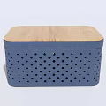 Blue Perforated Stool With Wooden Top For Modern Home Decor