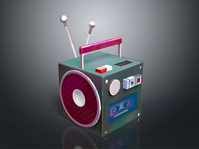 Vintage Radio with Dual Antenna Pink Handle Speaker and Tape Deck Design 3d model