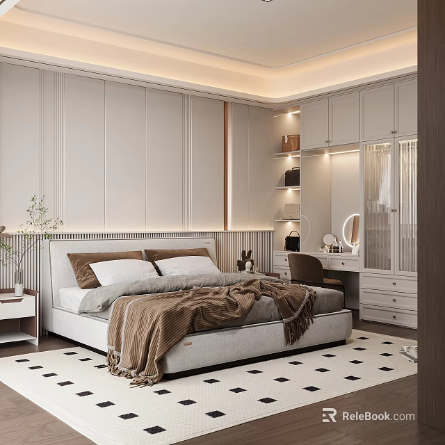 Modern Bedroom Interior Design With Comfortable Bed Wardrobe And Dressing Table 3d model