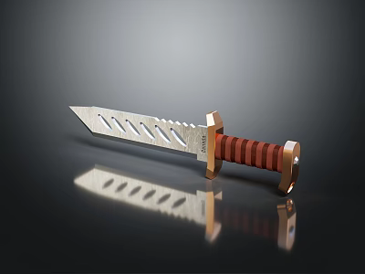Tactical Weapon Knife With Slotted Blade Red Brown Striped Handle And Metallic Accents 3d model