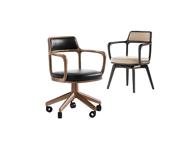 Modern Office Chairs With Leather And Beige Seats Wooden And Black Frames Wheeled Base 3d model
