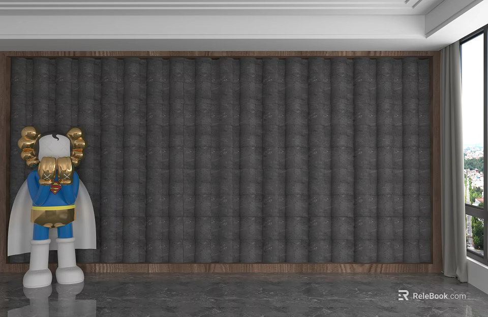 Dark Textured Background Wall With Wooden Trim And Modern Design Elements 3d model 