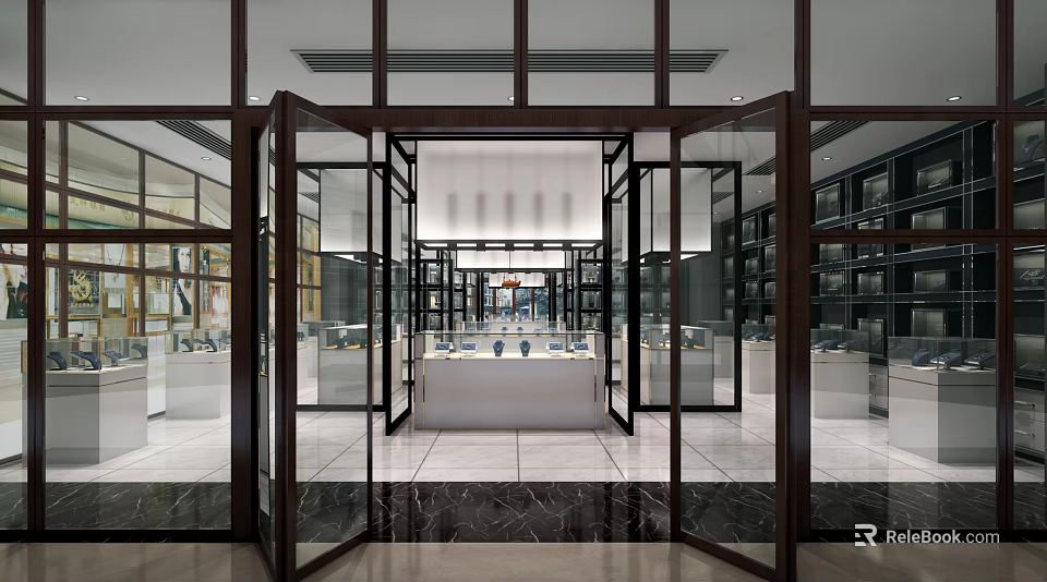 Elegant Luxury Jewelry Store Interior With Glass Doors Display Cases And Marble Floor 3d model 