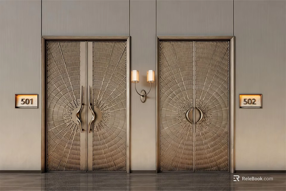 Luxury Metal Double Doors With Intricate Decorative Patterns Wall Lamp And Room Numbers 501 502 3d model 