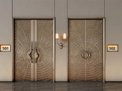 Luxury Metal Double Doors With Intricate Decorative Patterns Wall Lamp And Room Numbers 501 502 3d model