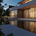 Modern Detached Villa With Swimming Pool Sun Loungers Glass Walls And Evening View