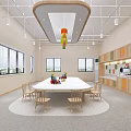 Colorful Kindergarten Classroom Interior Design With Planets Ceiling Gear Decorations Tables And Chairs 3d model