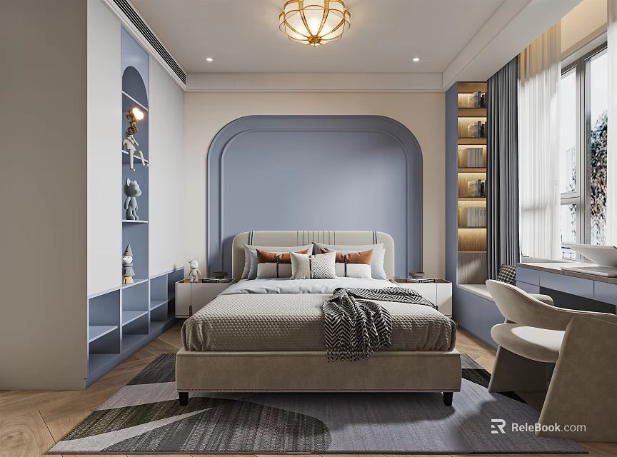 Kids Room Interior With Blue Accent Walls Bed Bookshelf And Soft Area Rug 3d model 