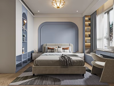 Kids Room Interior With Blue Accent Walls Bed Bookshelf And Soft Area Rug 3d model