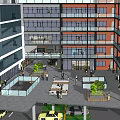 Modern Office Building With Atrium Green Plants And Glass Curtain Walls