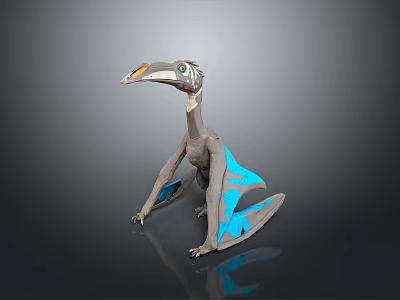 3D Rendered Fantasy Creature With Long Beak Large Eyes Gray Body And Blue Wings 3d model