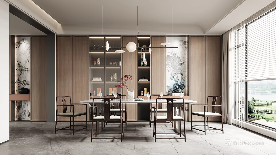 Modern Restaurant Interior Design With Open Layout Dining Table Chairs And Pendant Lights 3d model