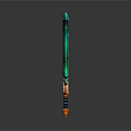 Green Glowing Sword with Orange Ring Shaped Hilt and Vibrant Design