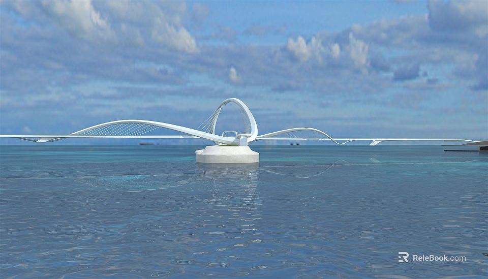 Modern White Arched Bridge Structure Over Calm Ocean Surface With Blue Sky 3d model 