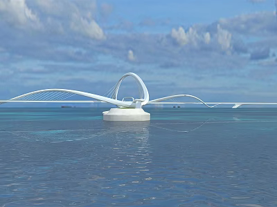Modern White Arched Bridge Structure Over Calm Ocean Surface With Blue Sky 3d model
