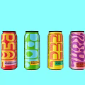 Colorful PUR Canned Beverages with Various Fruit Flavors in Red Green Yellow Pink Cans