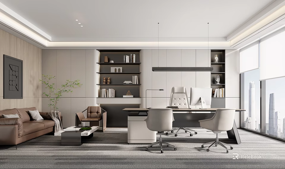 Modern Office Interior Design With Desk Chair Sofa Bookshelf Green Plant And Computer 3d model 