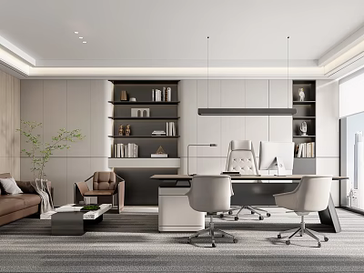 Modern Office Interior Design With Desk Chair Sofa Bookshelf Green Plant And Computer 3d model