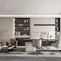 Modern Office Interior Design With Desk Chair Sofa Bookshelf Green Plant And Computer