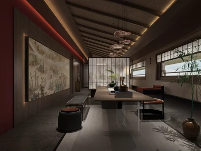 Traditional Tea House Interior With Wooden Ceiling Lanterns Long Table Screen And Plants 3d model