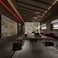 Traditional Tea House Interior With Wooden Ceiling Lanterns Long Table Screen And Plants