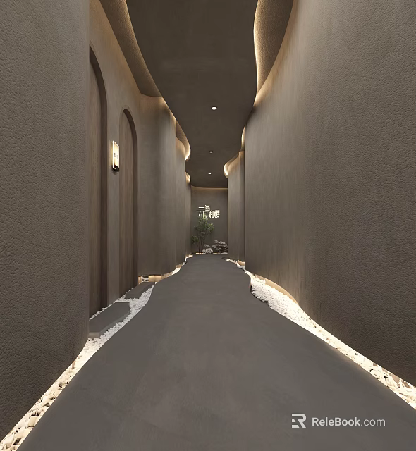 Modern Elevator Hallway With Gray Textured Walls Recessed Lighting And Pebble Accent Floor 3d model 
